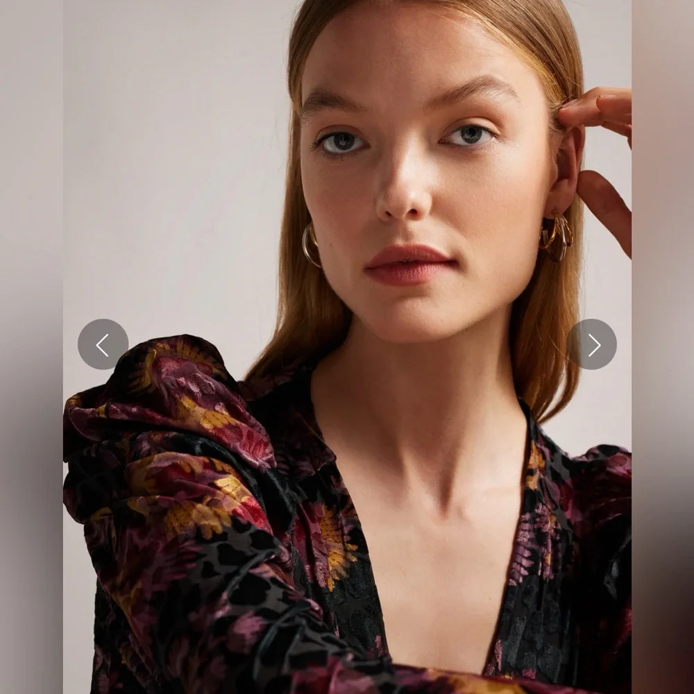 Ted Baker London Ettya Plunge Neck Puff Sleeve Burnout Velvet Top Maximalist